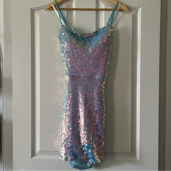 B. Darlin Iridescent Mermaid Open Back Mini Party Dress - Picture 5 of 9